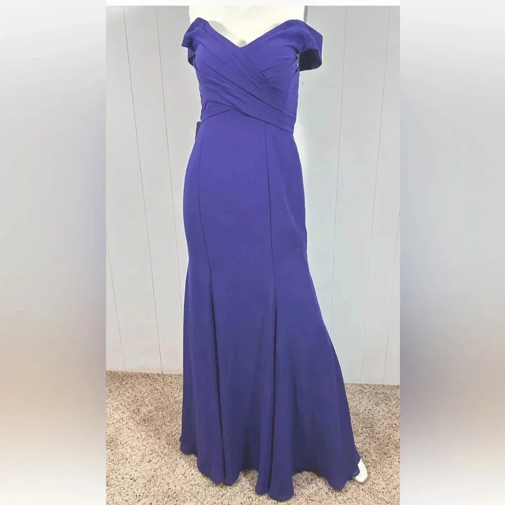 NWT AZAZIE LECIA Empire Off the Shoulder Chiffon Floor-Length Dress Purple Sz A4